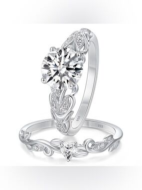 🆕 Sheloves Leaf & Vine Ring Set Sterling Silver White CZ Heart & Round Bridal